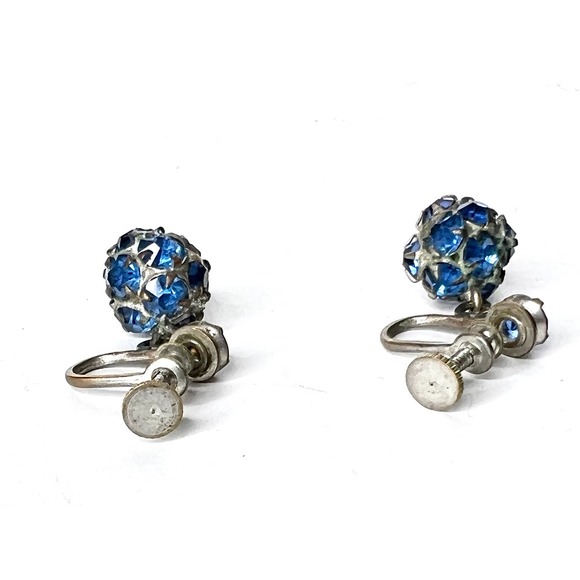 Vintage Blue Rhinestone Cluster Screw‑Back Earrings - Picture 4 of 6